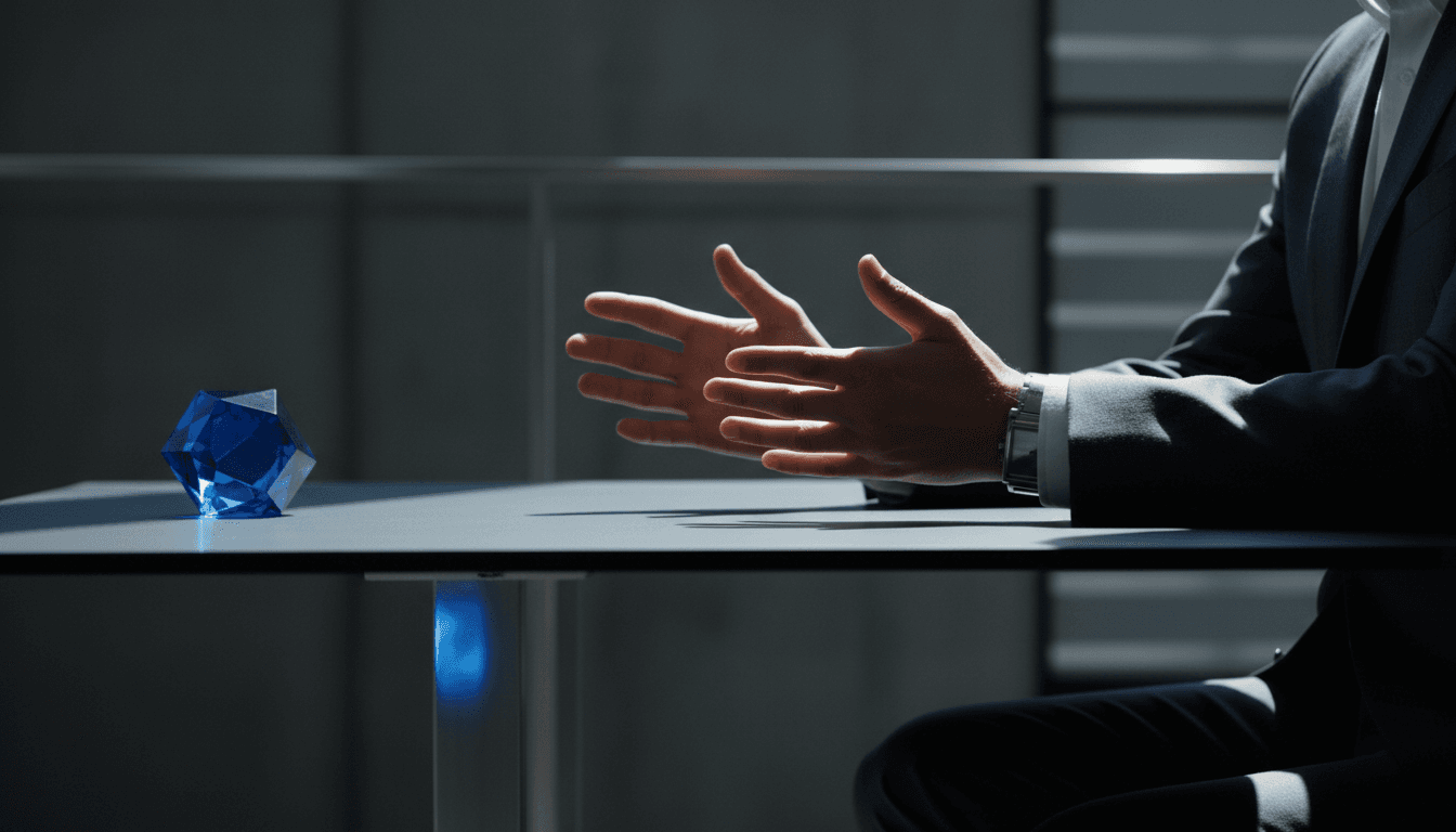 Business leader gesturing decisively at a modern workspace